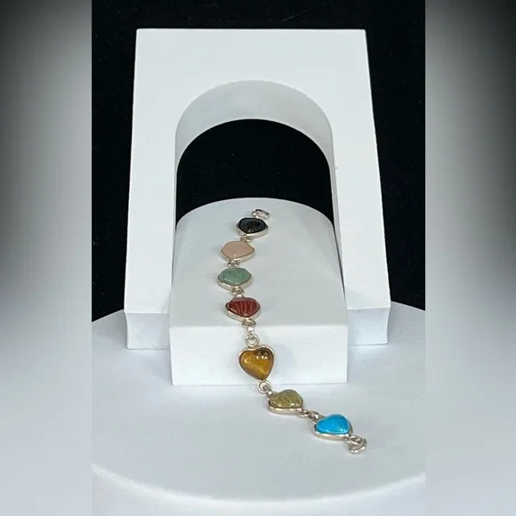 Sterling Multi Stone Scarab Heart Link Bracelet